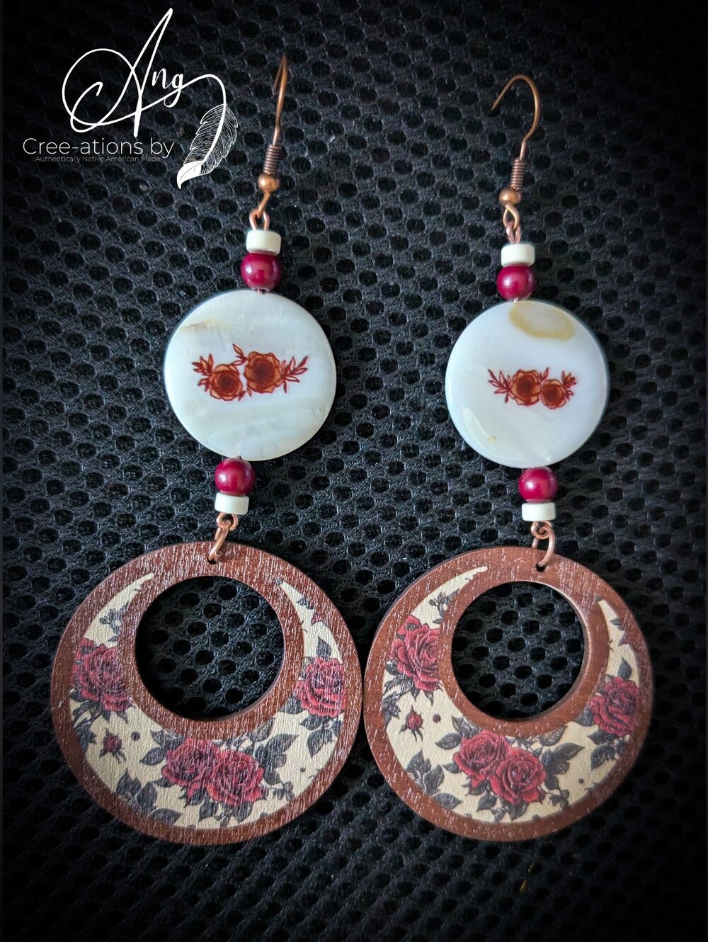 Burgundy Rose And Cream Colored Freshwater Shell And Wooden Disc Earrings